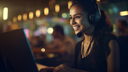 asian female customer support operator with headset in office.