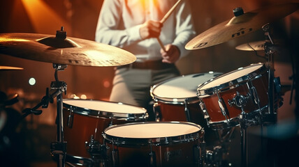Fototapeta na wymiar young man playing drums in dark club