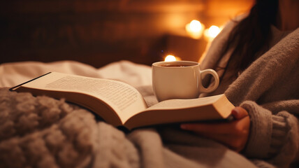 woman reading book with tea at home, closeup