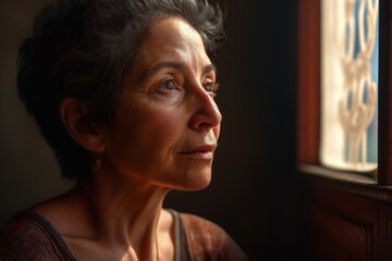 Portrait of middle age hispanic woman, indoors, looking out window with contemplative expression