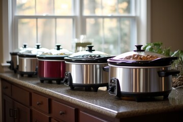 multiple slow cookers lined up, showcasing variety - obrazy, fototapety, plakaty