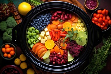 overhead shot of slow cooker filled with colorful vegetables