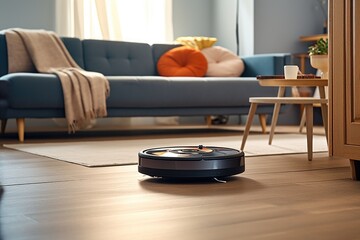 robot vacuum cleaning carpet in modern living room - obrazy, fototapety, plakaty