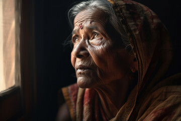 Portrait of elderly indian woman, indoors, looking out window with contemplative expression