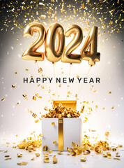 2024 happy new year,or festival celebration with golden prop balloon and gift box present,ornament on color background.generative ai technology - obrazy, fototapety, plakaty