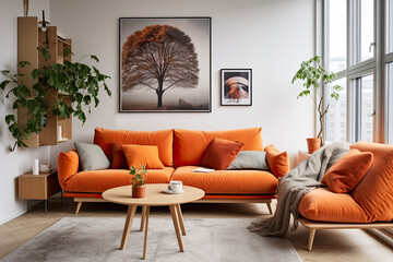 Vibrant orange sofa with gray cushions with poster frame of majestic tree Interior design of modern living room. Created with generative AI