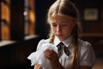 Sick schoolgirl coughs and blows nose wiping with white paper napkin. Concept kids and seasonal diseases.Generative Ai - obrazy, fototapety, plakaty