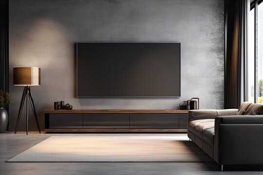 A blank TV screen is shown in a contemporary dark room with a gray sofa. The TV is situated in the living room, and the image is a mockup showing an empty display template. The scene is depicted from