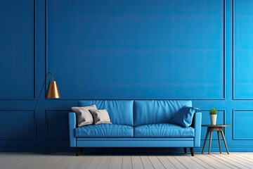A simulated image showcasing the interior design of a living room, featuring a blue sofa. The room includes a vacant blue wall with available space towards the right side of the visualization.