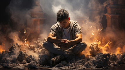 A young person sitting down on a floor covered by smoke, Mental health concept image - obrazy, fototapety, plakaty