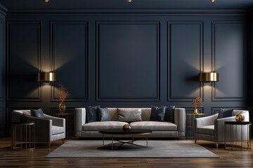 A living room or business lounge designed in deep, dark colors featuring a combination of navy blue and gray. The empty wall serves as a mockup, allowing for a painted background and showcasing a - obrazy, fototapety, plakaty