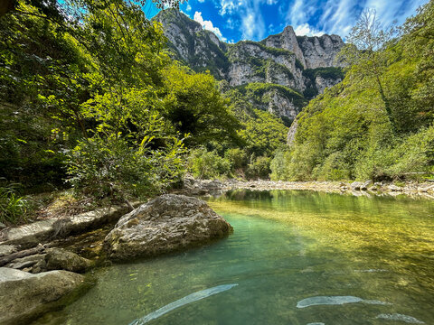Amazing summer landscape with Sentino river in the Marche region, Italy