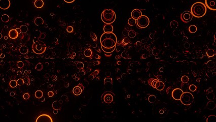 rows of different rings flashing in red-orange on a black background. looped animation. 3d render