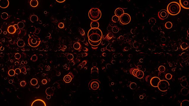 rows of different rings flashing in red-orange on a black background. looped animation. 3d render