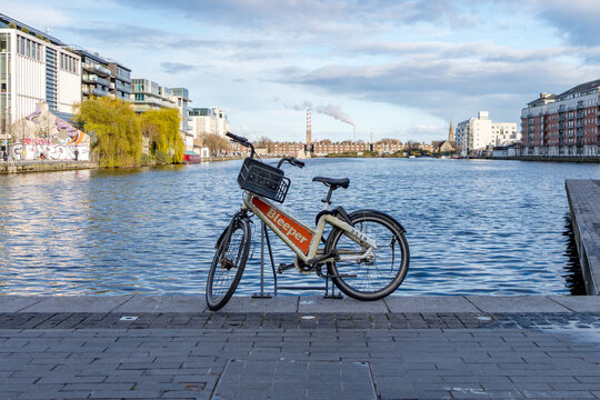 Old Bleeper City bike with large Bleeper sign parked in Grand Canal Square at Dublin, Docklands, Dublin, Ireland