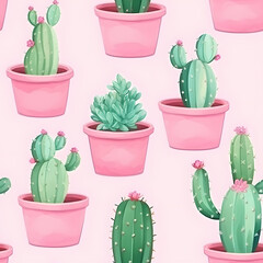 Seamless patterns of cute cactus plants in a pot. Watercolor illustration background, Generative AI