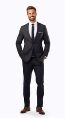 Full shot of professional looking 32 year old male. Work, job, outfit. Isolated on white background.