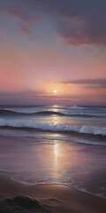 Fototapeta na wymiar A majestic seascape oil painting of a calm, serene beach at dawn with the waves just kissing the beach under a peaceful pre-dawn sky just beneath the waters edge