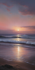 Obraz premium A majestic seascape oil painting of a calm, serene beach at dawn with the waves just kissing the beach under a peaceful pre-dawn sky just beneath the waters edge
