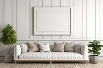 A rendered image of a mockup frame placed in a living room with a farmhouse interior design.