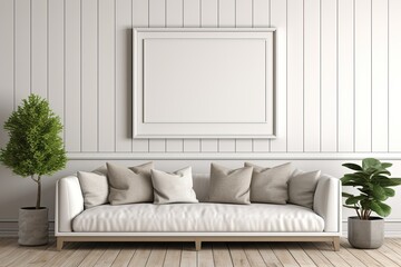 Fototapeta premium A rendered image of a mockup frame placed in a living room with a farmhouse interior design.