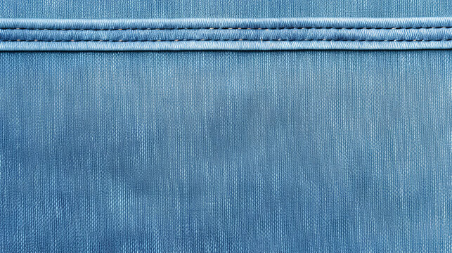 Blue denim background with a seam. Light blue color denim jeans fabric texture. Copy space for text 