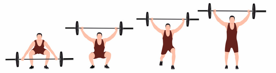 Set of men characters in gym doing exercises and workouts weight training. Collection of male bodybuilding lifestyle. Athlete doing barbell overhead press exercise. Vector illustration