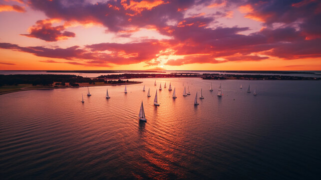 Aerial image of a dramatic sunset over the ocean, warm hues reflecting off the waves, sailboats in the distance