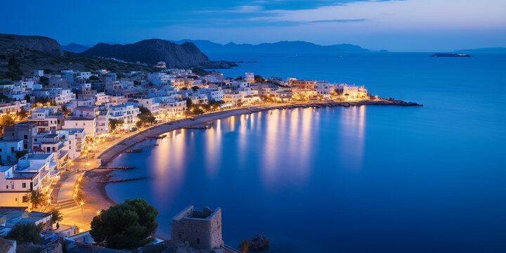 a picturesque, coastal town at dusk, warm lights from the houses, cobalt blue sea
