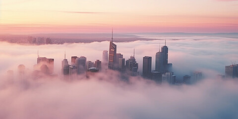 an urban skyline at dawn, skyscrapers cutting through the mist, soft, pastel colors in the sky