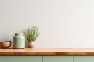 A simple and cozy mockup design is created to showcase a product, featuring a modern branding style with a bright wooden top green counter, warm white walls, grass glass vase, and kitchenware. This