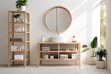 A modern white bathroom features a rendered circular mirror, accompanied by a washing stand and wooden shelves serving as a platform to showcase various products. These products can range from spa