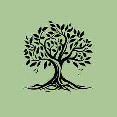 Olive tree logo on olive background, organic farm oil, olive tree illustration, olive oil symbol, wild oil food - 633421748