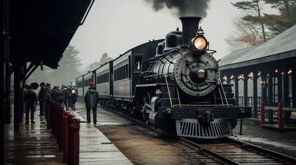 Historic small - town train station, wooden platform, steam engine arriving, people waiting, overcast day