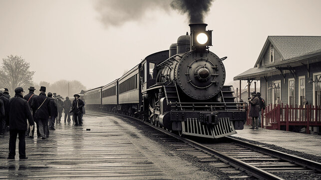 Historic small - town train station, wooden platform, steam engine arriving, people waiting, overcast day