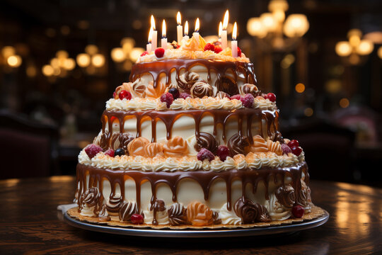 big birthday cake with candles for congratilations