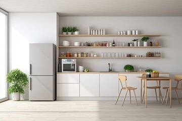 A minimalistic Scandinavian kitchen interior is adorned with a white color scheme, complemented by...
