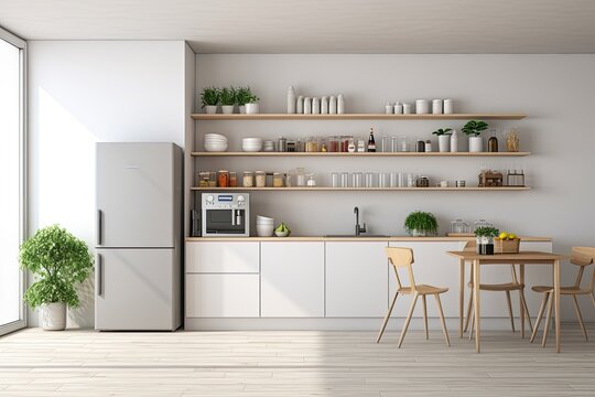 A minimalistic Scandinavian kitchen interior is adorned with a white color scheme, complemented by a wooden floor. The furniture in the kitchen is simple in design, accompanied by kitchen utensils