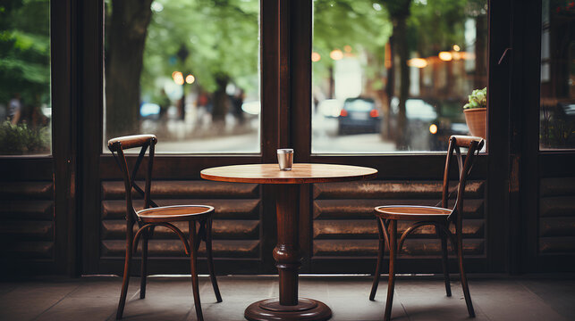 Empty round wooden table and chairs in coffee shop cafe - vintage effect style pictures