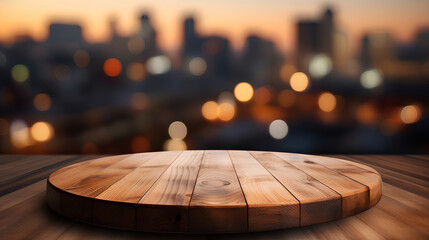 Empty wood table top of round on blur restaurant background, product display montage