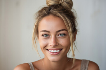Generative AI portrait attractive young blonde hair girl toothy smiling natural appearance hair bun isolated wall background