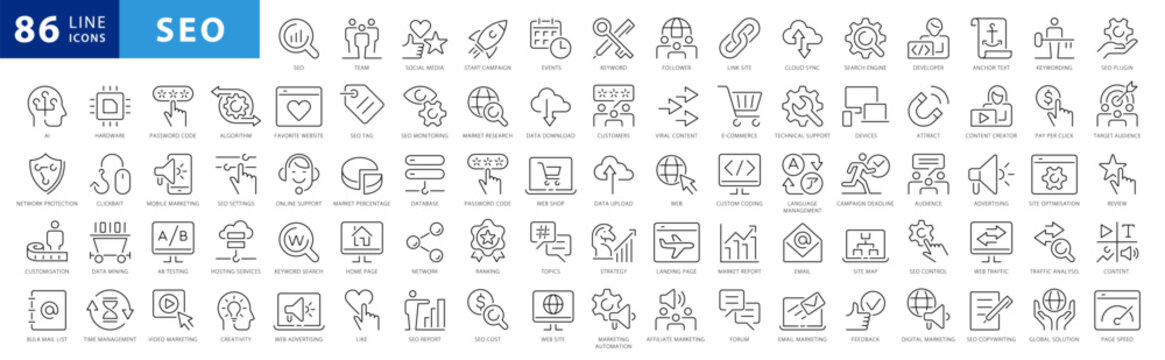 SEO line icons set. Search Engine Optimization symbol collection. Search, content, analysis, traffic, link, development, optimization, - stock vector