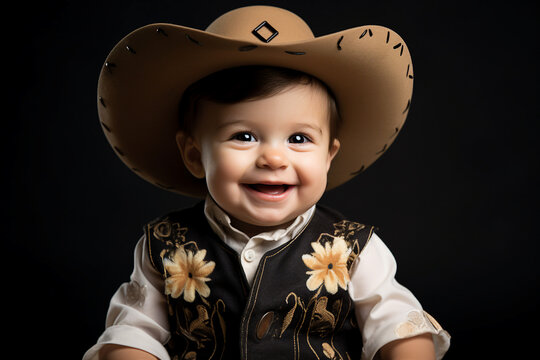 Funny baby boy wearing a cowboy costume Generative AI picture