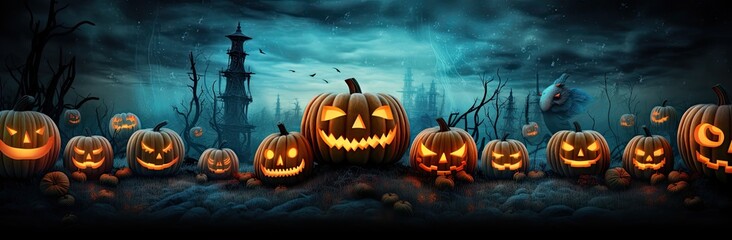 Obraz premium A spooky Halloween scene with jack o' lantern pumpkins in a graveyard
