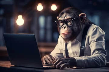 Poster Im Rahmen Generative ai collage of expert monkey person working computer sotfware service © deagreez