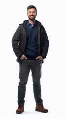 Full shot of professional looking 32 year old male. Work, job, outfit. Isolated on white background.