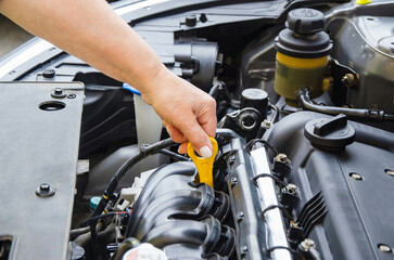 Closeup, hands check engine oil level before trip, concept of checking condition of car, maintenance
