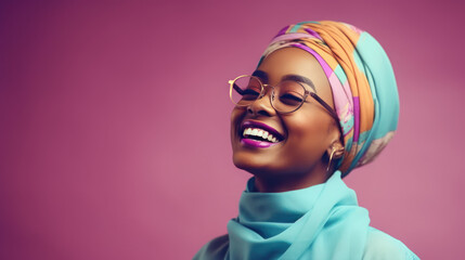 African woman with turban smiling face left and wearing sunglasses on the isolated pastel background