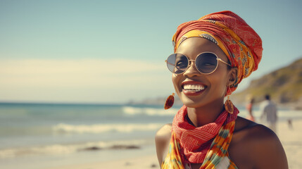 African woman with turban smiling face left and wearing sunglasses on the beach - obrazy, fototapety, plakaty