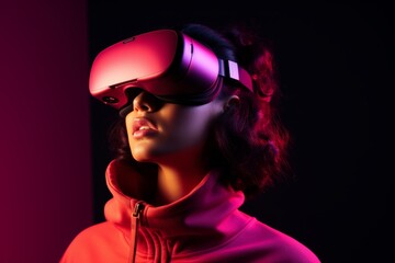 Young woman girl hispanic female student use computer technology girl VR headset virtual reality goggles exploration metaverse modern advanced tech future progress playing cyber game experience gaming